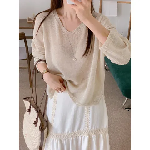 에르디테 / 에르디테 여름 긴팔 니트 브이넥 루즈 오버 핏 시스루 얇은 4컬러