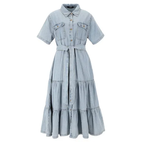 [ 롯데백화점 ][에이비에프지]큐티 포켓 포인트 반팔 데님 롱 원피스 APZ2HO32E