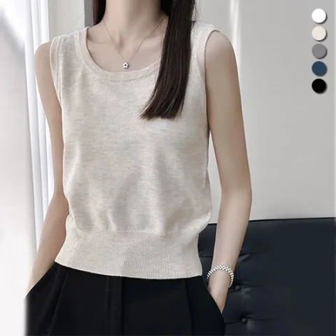 [유니제이] 레리 라운드 니트 민소매 티셔츠