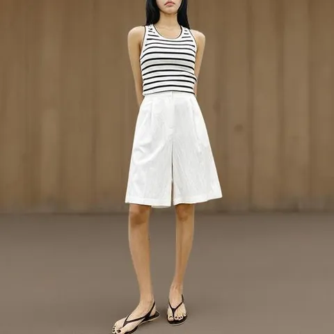 여성 단색 레이온 리넨 뒷밴드 5부 바지