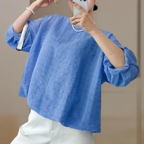 여성 칠부 퍼프 벌룬핏 블루 블라우스