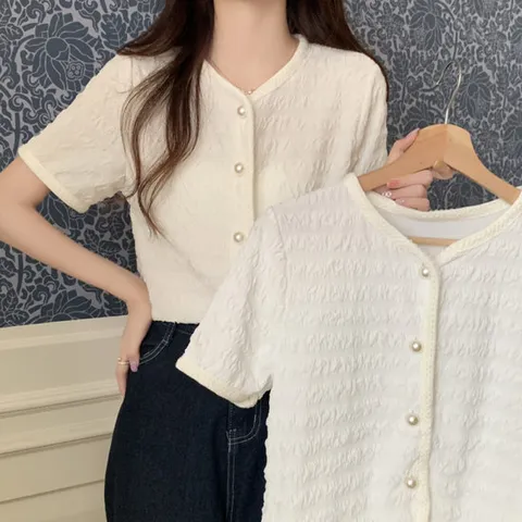 슈팅스타 / 지지미 시어서커  심플 여성 화이트 블라우스