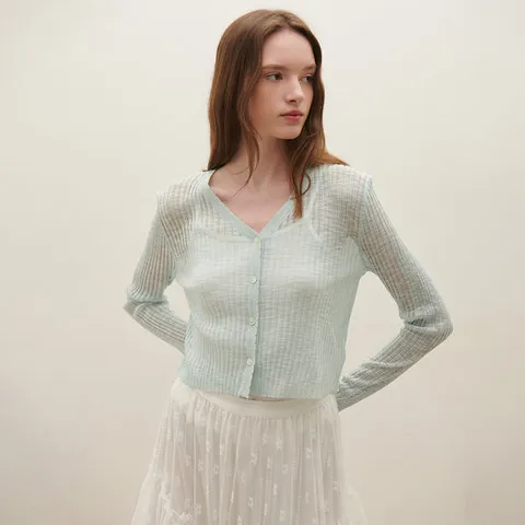 [SATIN] 브이넥 시어 니트 가디건 O252T951