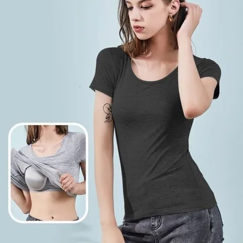 [로아리빙]여성 라운드넥 반팔 노브라 티셔츠 브라캡 내장형 스
