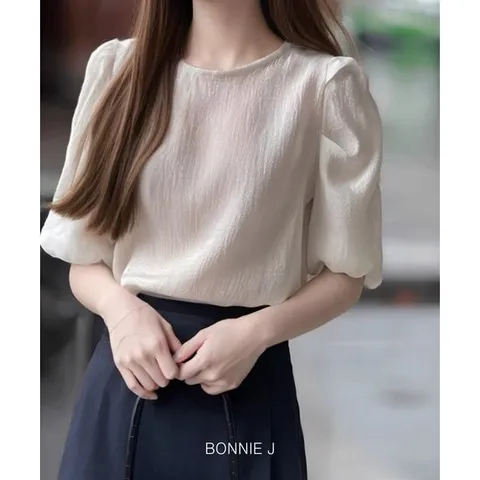 [보니제이]라운드 반팔 시어서커 블라우스 지지미 루즈핏 여름