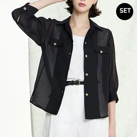 G.모데나 시스루 쉬폰 블라우스 2종 세트 (블라우스+이너)