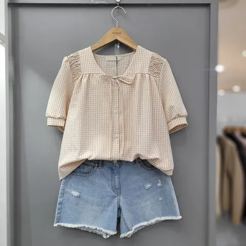 [무자크]체크리본 반팔블라우스 MP4BL17