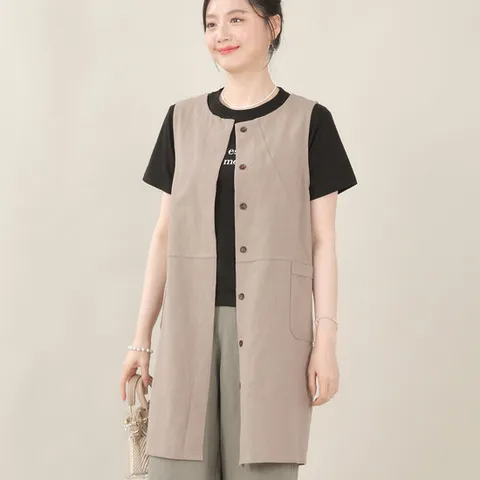애비뉴투지 엄마옷 린넨 우드 버튼 단추 오픈 여성 봄 여름 롱 조끼 V06511