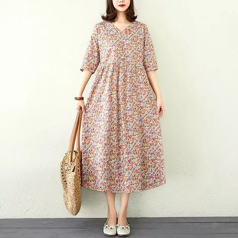 [헬리꽁땡](55~88)빅사이즈 여성 여름 플라워잔꽃무늬롱원피스 캐주얼원피스 니트원피스 엄마옷 임산부