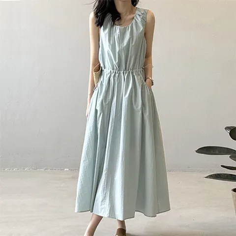 허리스트링 카고 포켓 아노락 민소매 원피스