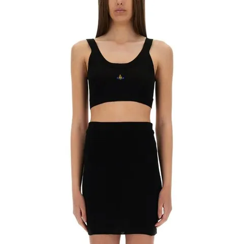 비비안웨스트우드 블랙 크롭 리브 스쿱 넥라인 자수 로고 비아