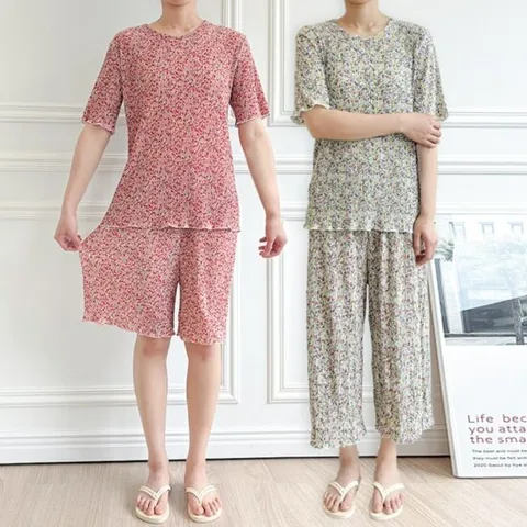 여성 꽃무늬 주름 냉감 반팔+밴딩팬츠 여름잠옷세트