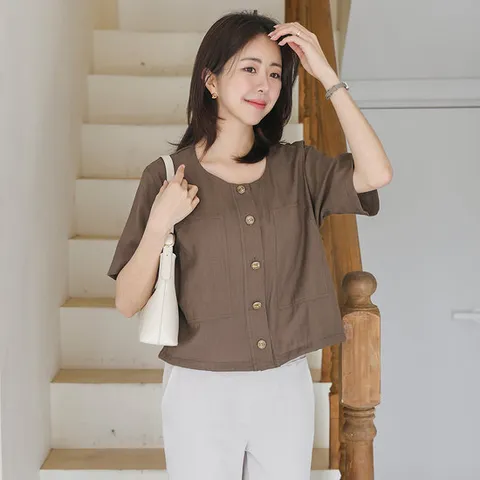 여름 린넨 마 오픈 빅사이즈 반팔 블라우스 크롭 자켓 하객