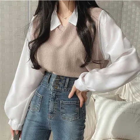 여자긴팔티 여성 카라티셔츠 니트 조끼 페이크 스타일 긴팔티셔츠