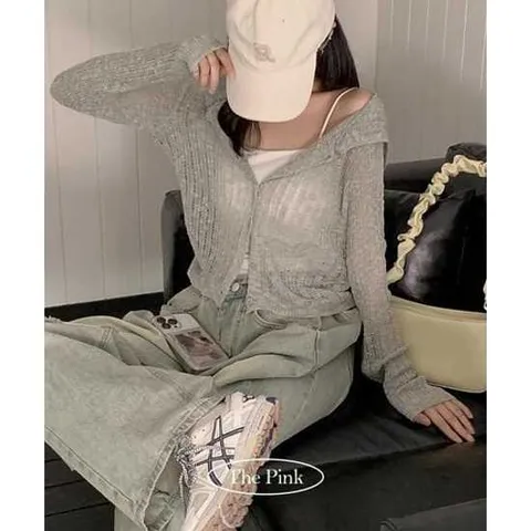 더핑크 / 브릴 루즈핏 부클 후드 여름 니트 가디건