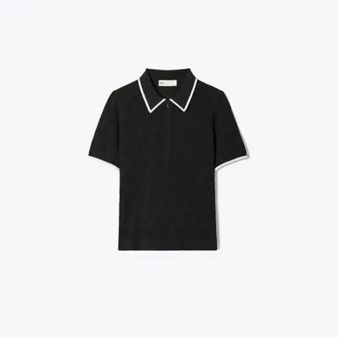 [25FW][토리버치 공식] 티 모노그램 코튼 포인텔 집 폴로 - 블랙 / 화이트