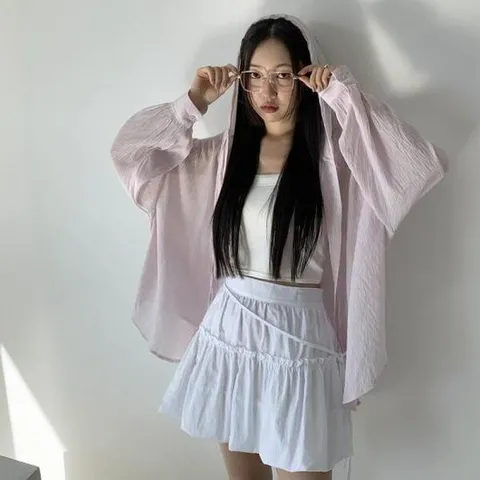 아트박스/옷자락 여성 캐주얼 줄지 패턴 시스루 남방