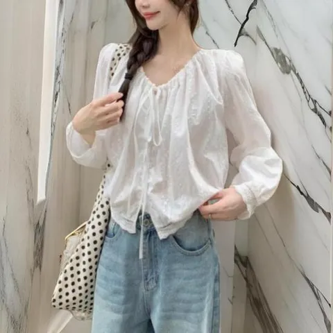 아트박스/옷자락 여성 세미크롭 코튼 화이트 블라우스
