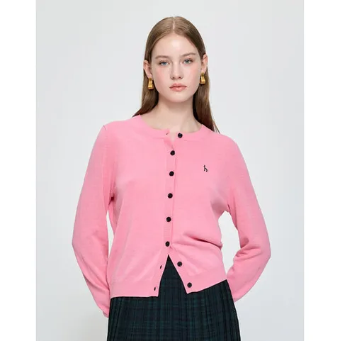 헤지스 여성 25FW SET-UP 린넨 블렌드 라운드넥 긴팔 가디건 핑크 HSSW5C601P2