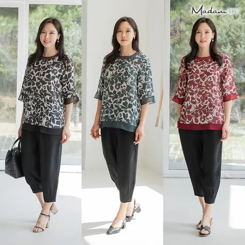 마담4060 플라워 풍기인견 쿨링 반팔블라우스+팬츠 상하세트 -QHSET2405002-