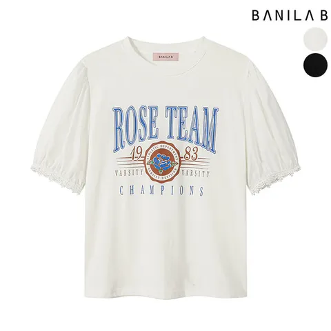 [바닐라비] 여성 소매 퍼프 레이스 반팔 티셔츠