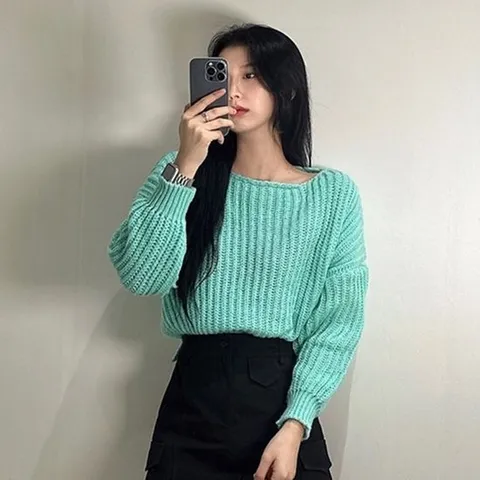 [에이치플러스몰]여성 알파카 입술넥 니트 티/MINT 민트 색 여리핏 울