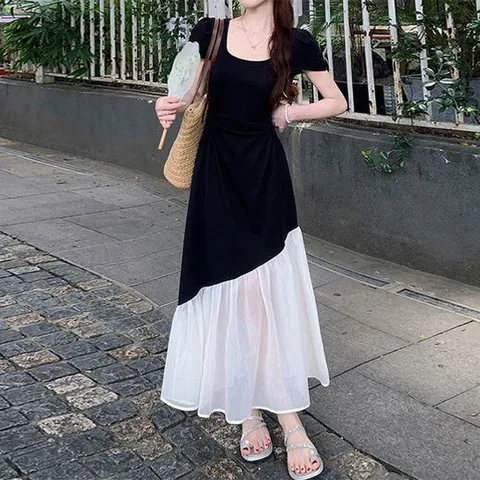 [아리엘스타일]스퀘어넥 배색디자인 언밸런스밑단 머글린롱원피스