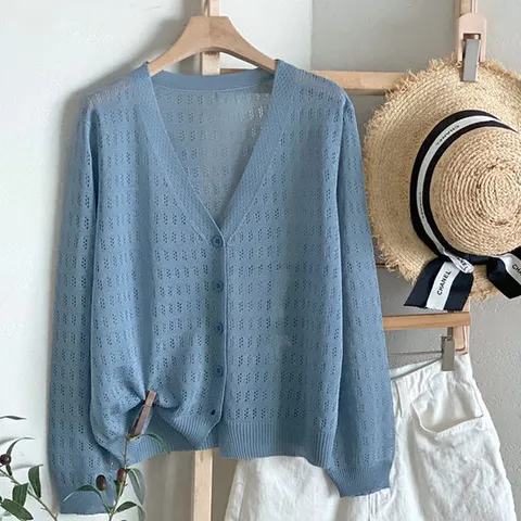 샵앤) 여성 Y단추 실내 여름 긴팔 가디건 BONG-WCD-4517-블루