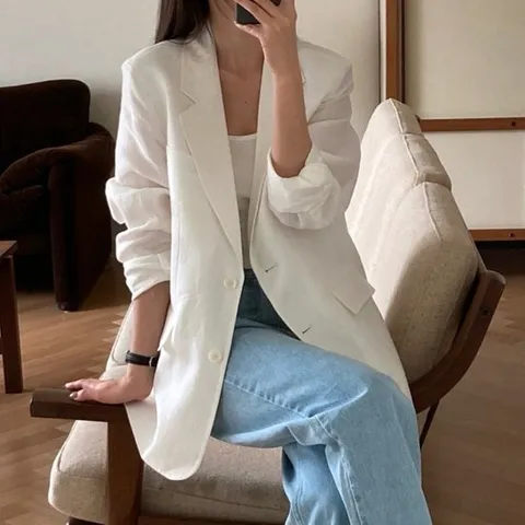 여성 쿨 린넨100% 로크 카라 싱글 자켓 모임룩 하객룩 오피스룩