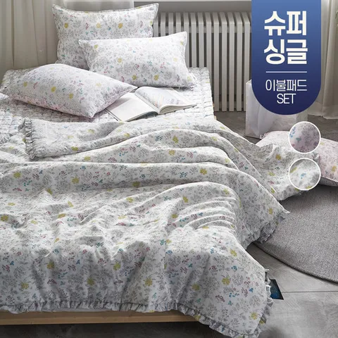 플라워 화창한 풍기 인견 여름 차렵 이불 먼지없는 쿨 냉감 침구 슈퍼싱글 SS 침대 패드 세트