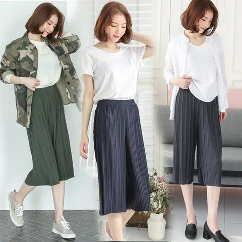 7부 주름바지 플리츠팬츠 와이드밴딩 여름 캐주얼 냉감소재 여름바지 스판밴딩 반바지 면바지 치마 통바지 배기바지 와이드팬츠