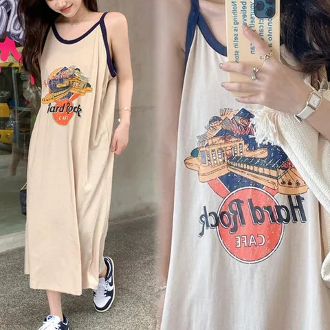 [홀리지]아이비스 끈나시 슬리브리스 티셔츠 롱원피스