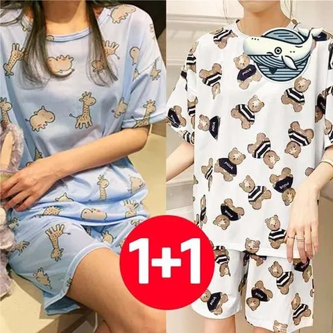 귀여운 여름 잠옷 두 동물 패턴 홈웨어 여성여름잠옷