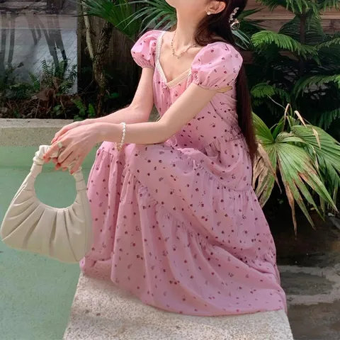 [아리엘스타일]퍼프소매 플라워패턴 데이트룩 필로티여름원피스