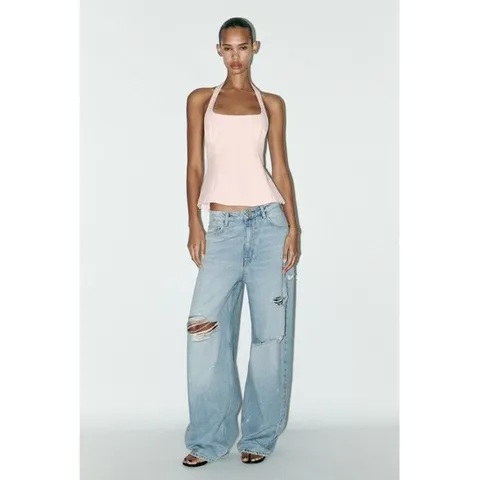 자라 재팬 리본이 달린 홀터넥 탑 4661 068 라이트 핑크