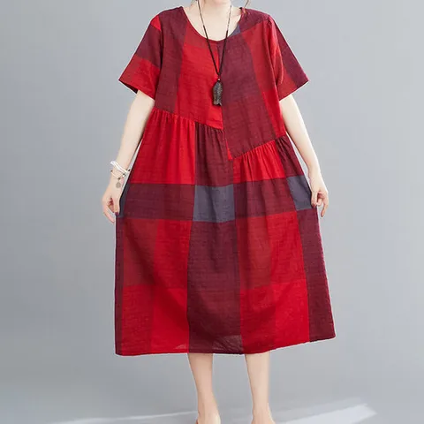 까르죠아 여름 체크 원피스 면 린넨 반팔 시원한 루즈핏 엄마옷