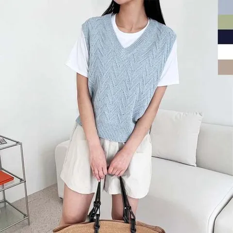 여성 플레인 여름 브이넥 니트조끼 여친룩