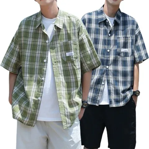 [아이에스이랩]여름 반팔 레이어드 오버핏 셔츠 체크 남방 I2SH0