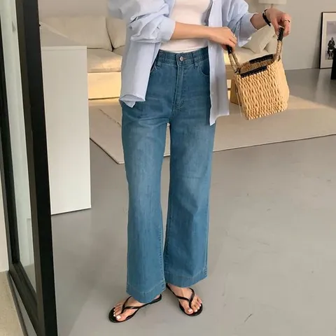 [미라클세븐]여성 여름 데님 일자핏 스판 밴딩 워싱 청바지