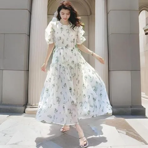 아트박스/옷자락 여성 셔링 플레어 롱 쉬폰 원피스