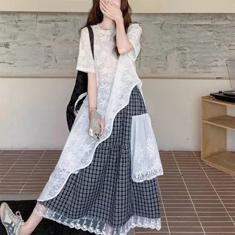 [아리엘스타일]레이스반팔 체크스커트 보헤미안룩 리코링투피스