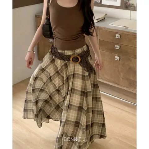 체크 밴딩 롱스커트 빈티지 얇은 시원 여름 플리츠 빅사이즈 롱치마