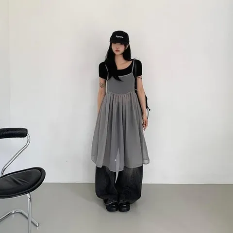 여성 쉬폰 끈 레이어드 시스루 롱 드레스