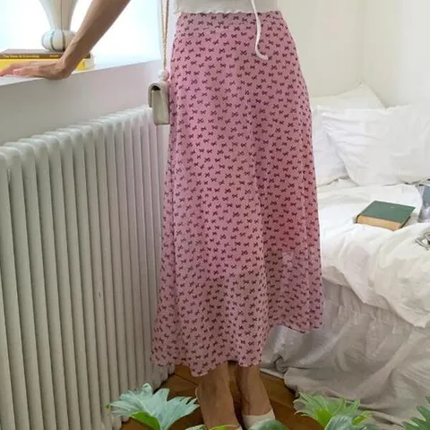 아트박스/옷자락 여자 여름 리본패턴 쉬폰 밴딩 롱스커트