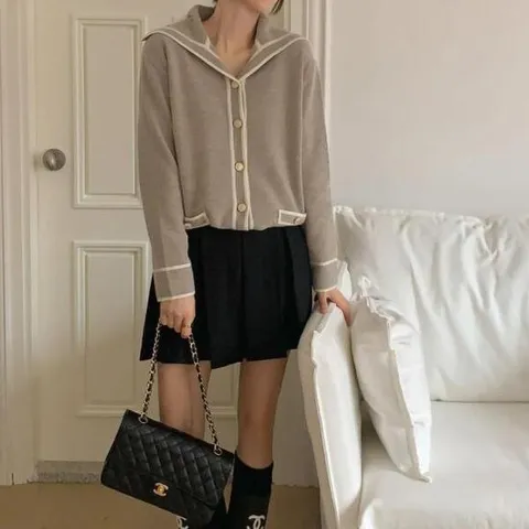 아트박스/옷자락 여자 라인 배색 캐시 혼방 세일러 가디건