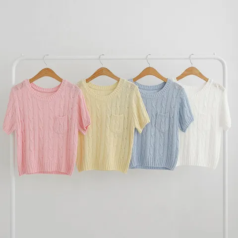 여성 여름얇은 크롭니트 반팔 라운드 꽈배기 티셔츠