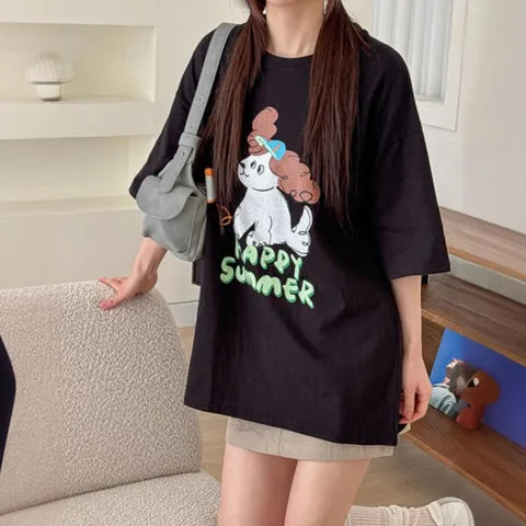 아트박스/더바디시크릿 루즈핏 해피썸머 반팔 롱 티셔츠 홈웨어