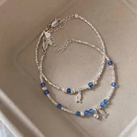 여성 여름 블루 진주 비즈 피쉬 물고기 볼 팔찌