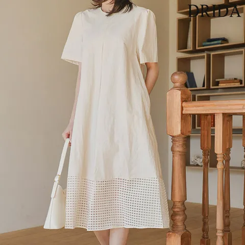 [드리다]바스락 펀칭 레이스 A라인 빅사이즈 경량 반팔 원피스