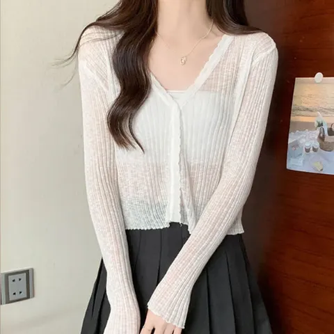 [폴앤폴]여리핏 파스텔 물결 골지 시스루 크롭 여름 가디건 7컬